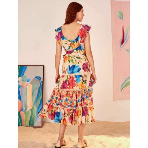 FARM Rio Vibrant Mary’s Garden Frilled Top Midi Dress Size Small - Picture 3 of 14